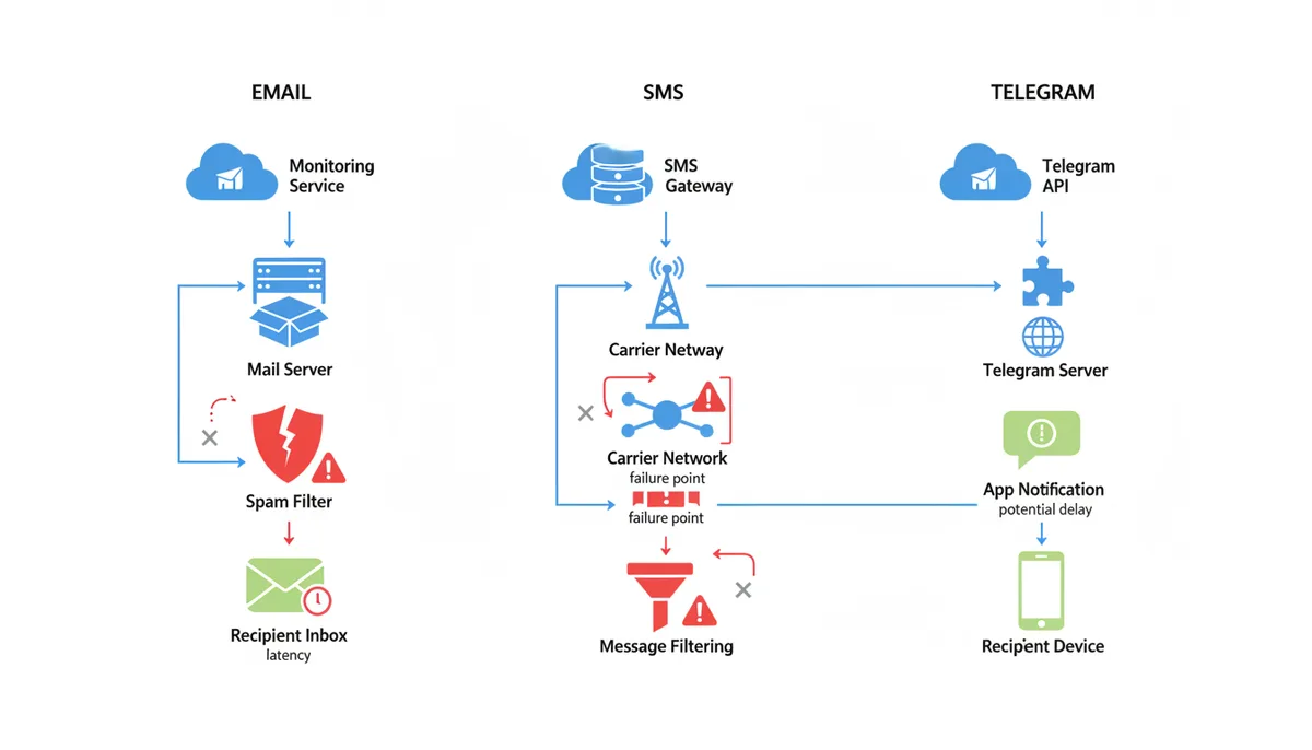 A flowchart comparing the delivery paths of Email, SMS, and Telegram alerts. Email involves SMTP, mail servers, and spam filters. SMS goes through gateways and carrier networks. Telegram uses its API and servers. Each path highlights potential failure points like spam filters, carrier outages, and app notification delays.