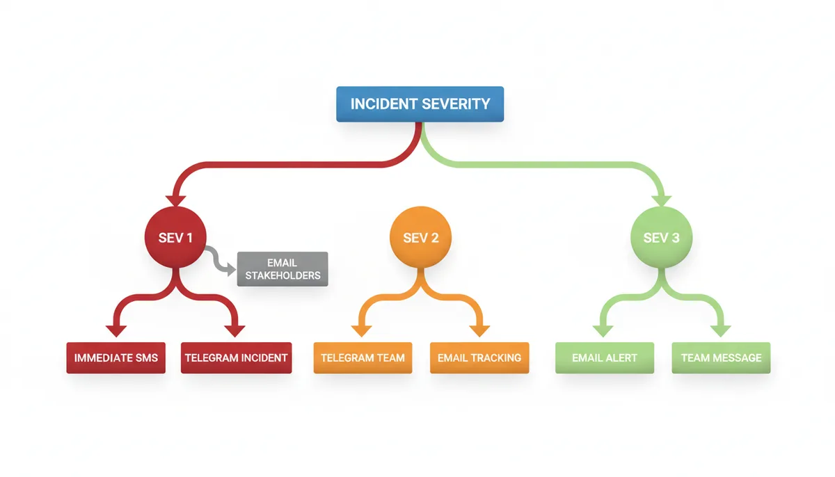 A decision tree showing how incident severity levels determine the choice of alert channels. Critical outages (Sev 1) trigger immediate SMS and Telegram. Major impairments (Sev 2) use Telegram and email. Minor issues (Sev 3) are handled by email or lower-priority channels.