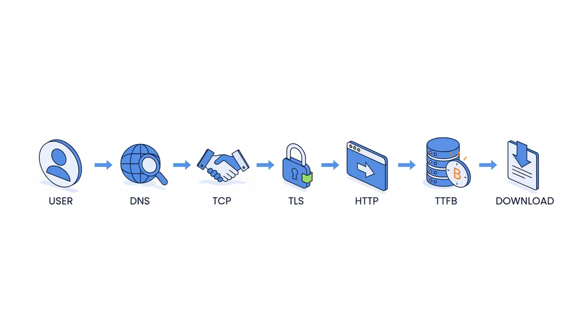 A sequence diagram illustrating the steps of synthetic monitoring: DNS lookup, TCP handshake, TLS handshake, HTTP request, Time to First Byte (TTFB), and content download, represented by distinct icons and connecting arrows.