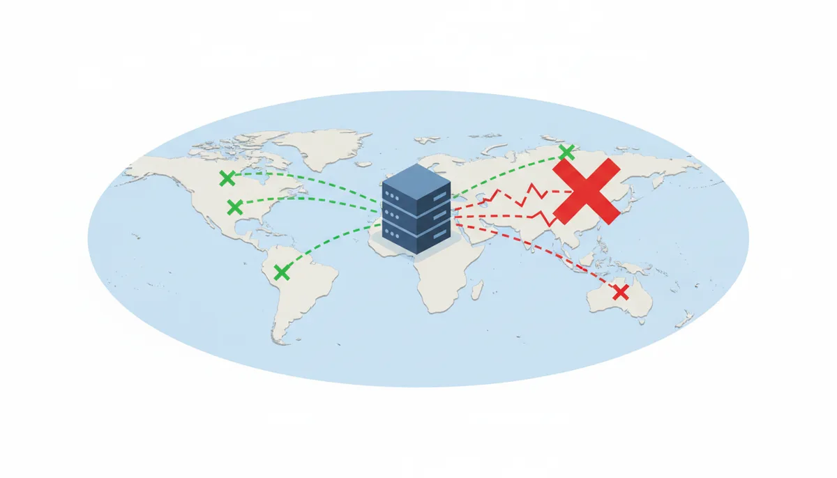 A stylized world map showing multiple green lines representing fast connections from various continents to a central server. Lines originating from Asia are red and thicker, indicating a regional slowdown or outage, with an 'X' icon over the region.