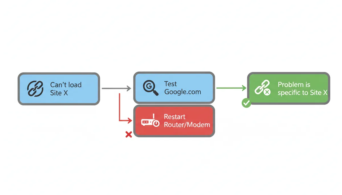 A flowchart illustrating troubleshooting steps for website access. It starts with 'Can't load Site X'. The next step is 'Test Google.com'. If Google fails, the action is 'Restart Router/Modem'. If Google loads, the conclusion is 'Problem is specific to Site X'.