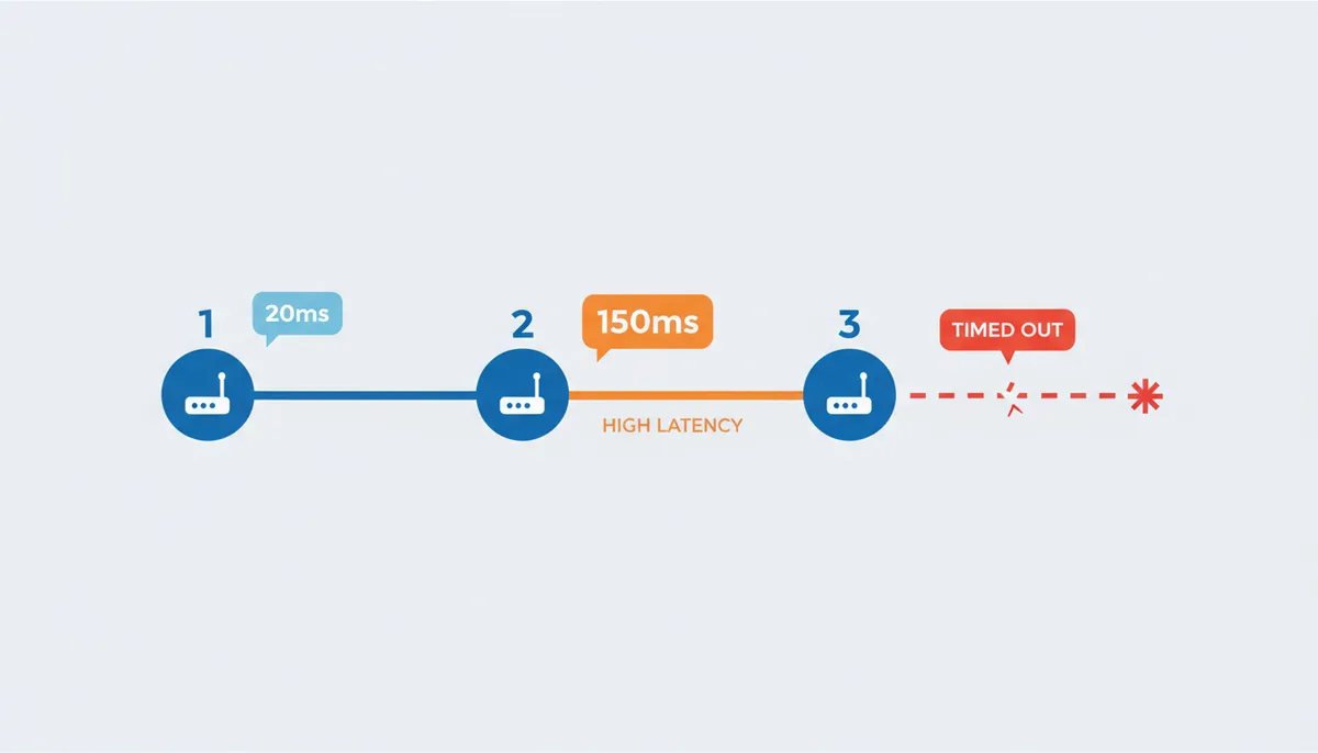 An abstract diagram illustrating a traceroute. It shows a sequence of three numbered network hops, with 'response time' labels between them. One hop shows an asterisk, indicating a timeout. Another hop shows a longer response time, representing high latency.