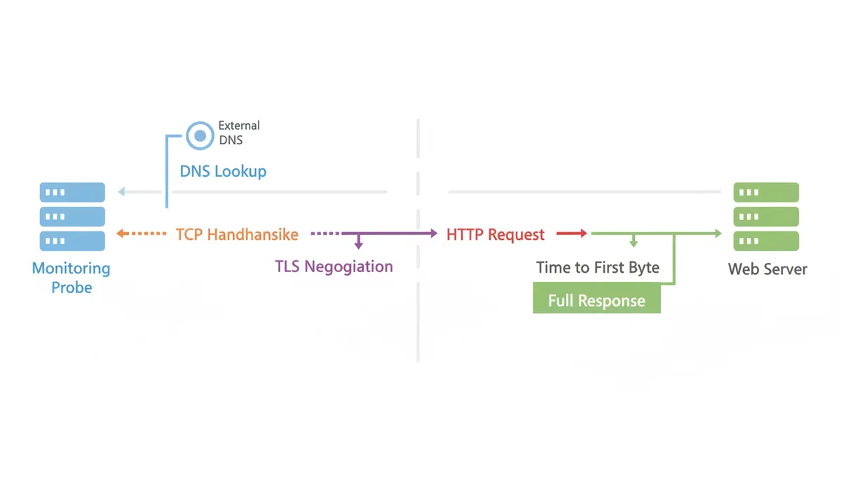 A sequence diagram showing a monitoring probe and a web server exchanging messages. Stages include DNS lookup, TCP handshake, TLS negotiation, HTTP request, time to first byte, and full response, depicted as arrows between the two entities.