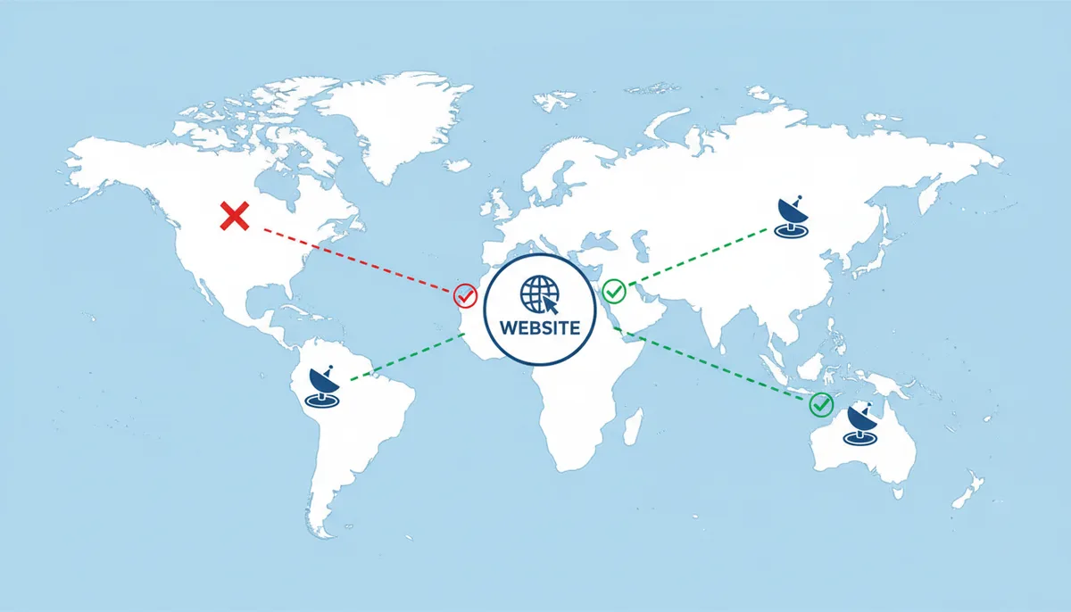 A world map showing three monitoring probes in North America, Europe, and Asia, all connected to a central website icon. The North American probe's connection is marked with a red 'X', while the European and Asian probes have green checkmarks, illustrating a regional failure.