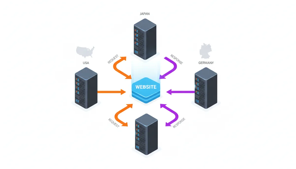 Diagram showing three stylized server racks, labeled USA, Germany, and Japan, each sending a request arrow to a central website icon and receiving a response arrow back, illustrating global monitoring of a single website.