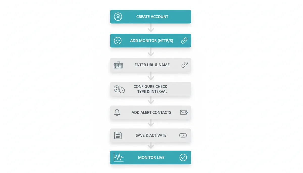 A vertical flowchart illustrating the seven steps to set up an uptime monitor: Create Account, Add Monitor (HTTP/S), Enter URL & Name, Configure Check Type & Interval, Add Alert Contacts, Save & Activate, and Monitor Live, each represented by a distinct block connected by arrows.