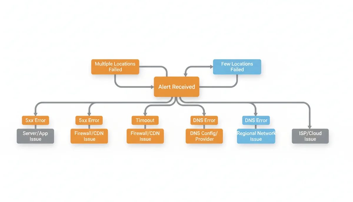 A decision tree diagram illustrating how to interpret an uptime alert. It starts with 'Alert Received', branching to 'Multiple Locations Failed' (leading to 5xx Error, Timeout, DNS Error) and 'Few Locations Failed', each path indicating probable causes like 'Server/App Issue' or 'Regional Network Issue'.
