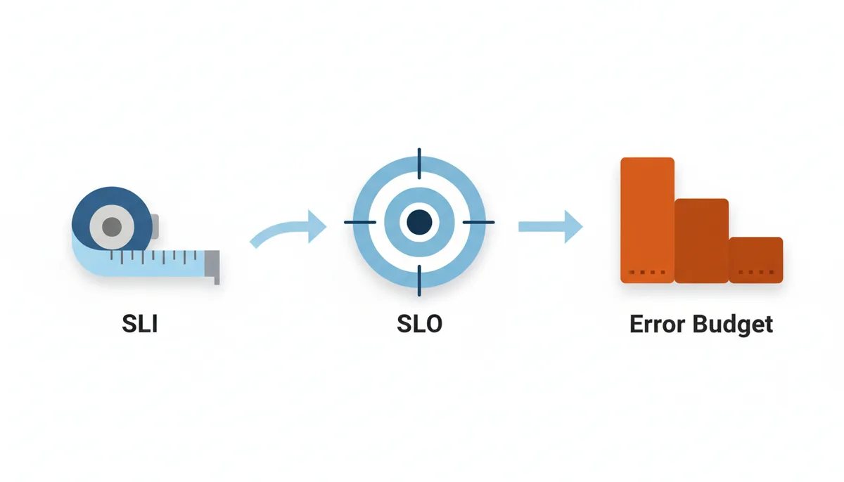 A three-stage diagram showing SLI (measuring tape) flowing into SLO (target), which then leads to Error Budget (decreasing stack of blocks).