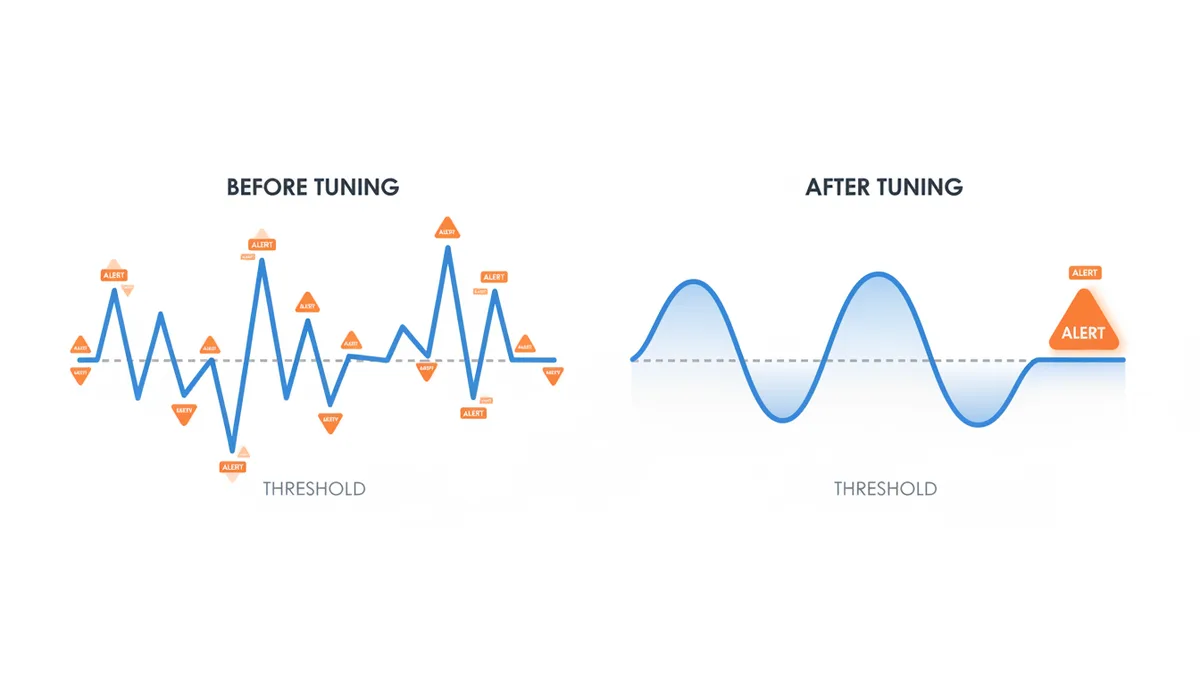 A comparison showing 'Before Tuning' with an erratic line triggering many alerts, versus 'After Tuning' with a stable line triggering a single alert only after a sustained breach of a threshold.