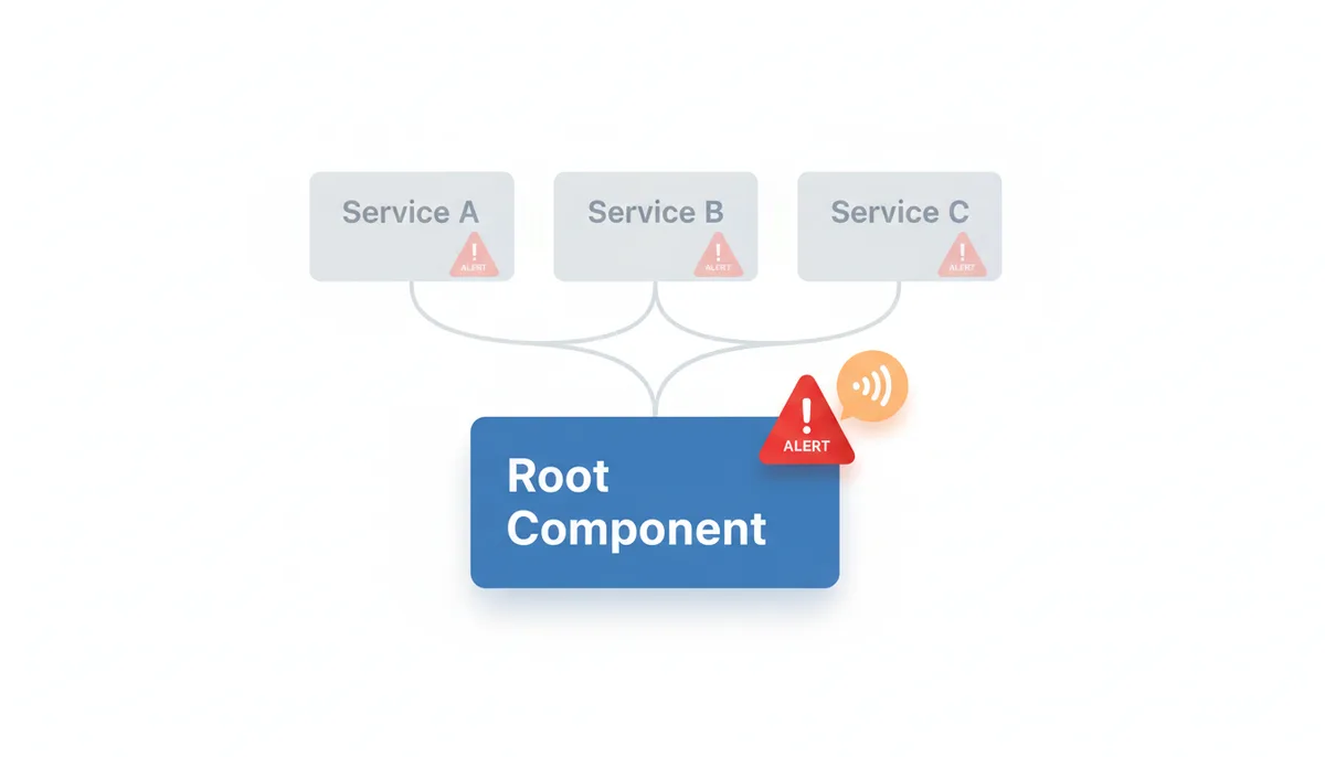 A diagram showing a 'Root Component' with an active alert. Several 'Dependent Service' blocks above it have suppressed alerts, and a single notification bubble points to the root component, indicating consolidated alerting.