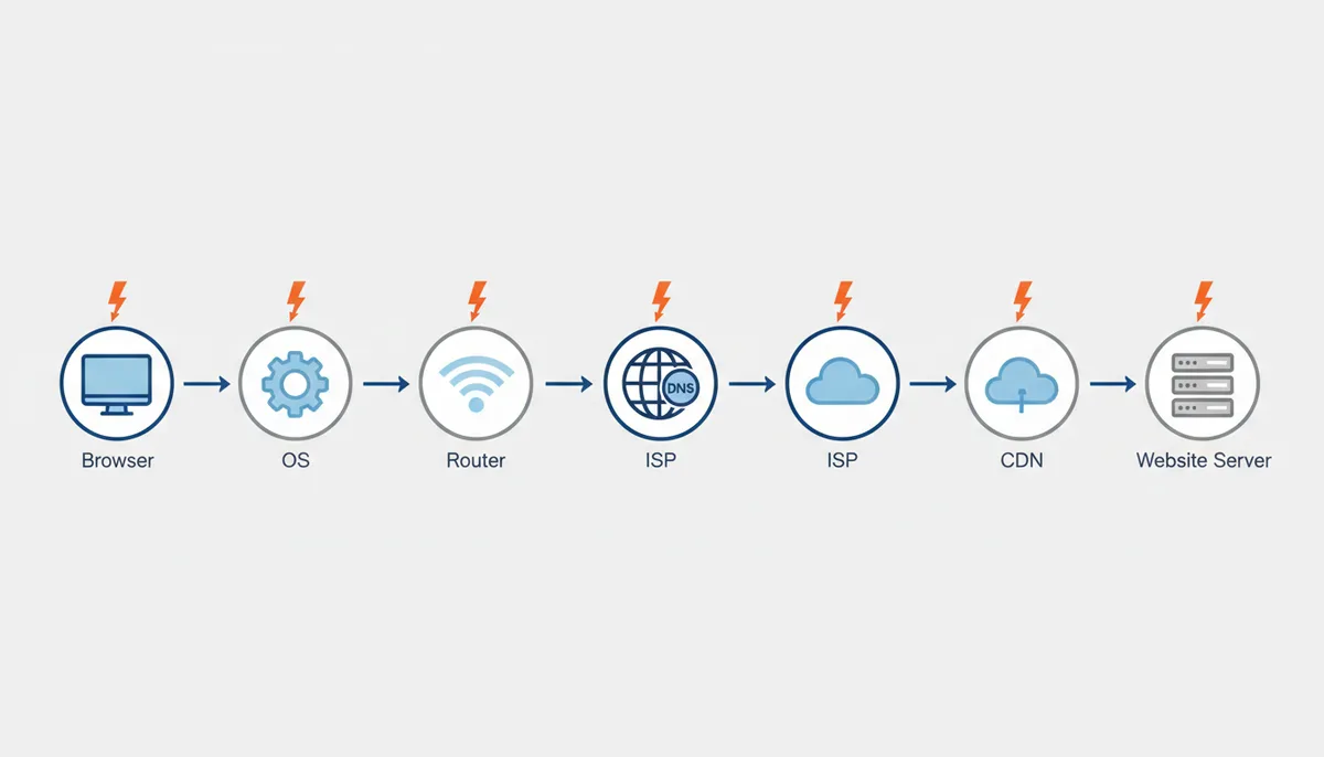 A linear diagram showing the path of a web request: Browser -> OS -> Router -> ISP (with DNS) -> CDN -> Website Server. Each step along the path is marked with a potential failure point icon.