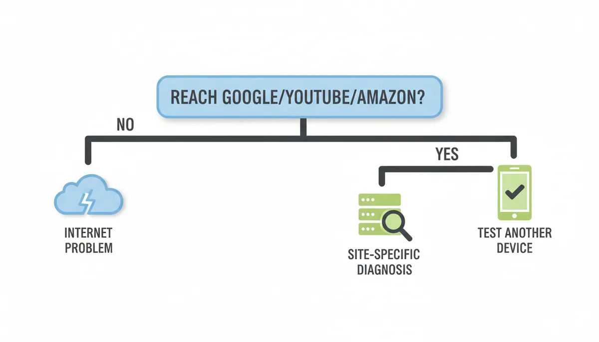A flowchart showing a decision point: 'Can you reach Google/YouTube/Amazon?'. A 'No' path leads to 'Internet Problem'. A 'Yes' path splits into two options: 'Test Another Device' and 'Continue Site-Specific Diagnosis'.