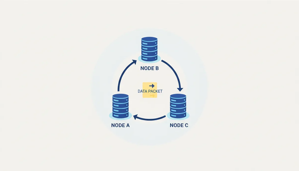 An abstract diagram showing three network nodes connected in a circular loop, with arrows indicating data endlessly flowing between them, symbolizing a routing loop.