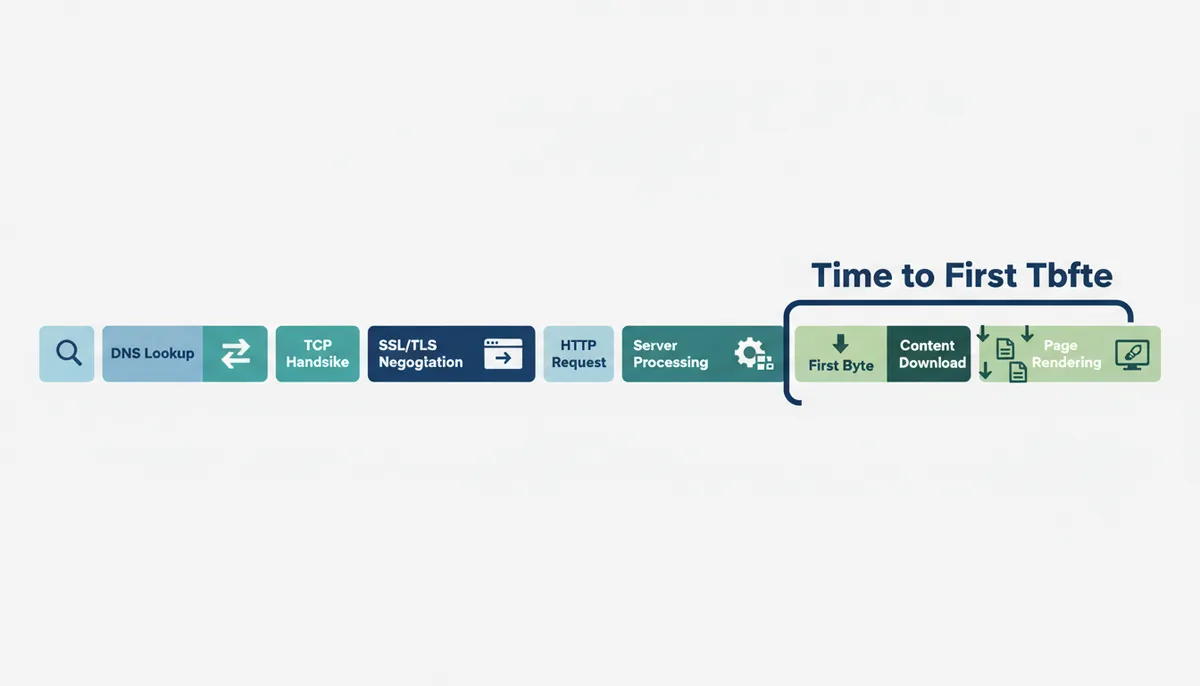 A horizontal timeline illustrating the stages of a web request: DNS Lookup, TCP Handshake, SSL/TLS Negotiation, HTTP Request, Server Processing, First Byte, Content Download, and Page Rendering. A bracket highlights the 'Time to First Byte' (TTFB) portion, which includes the stages up to the 'First Byte'.