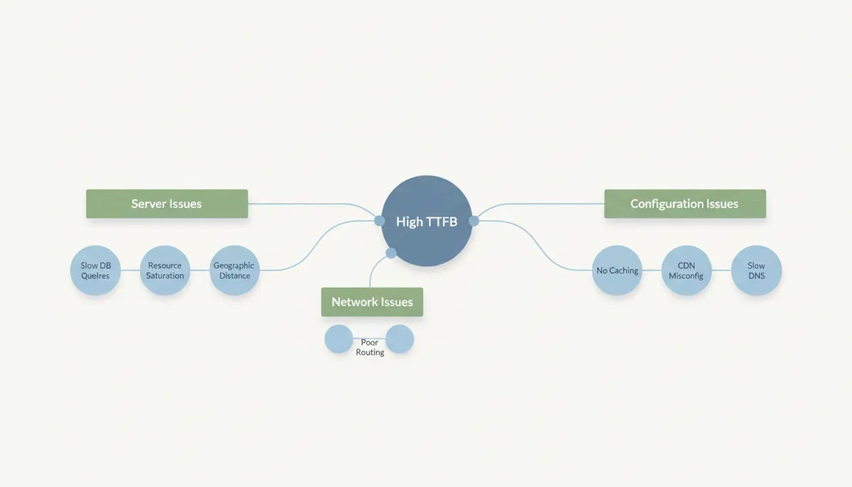 A diagnostic map showing 'High TTFB' at the center, branching into three main categories: 'Server Issues' (with sub-points for Slow Database Queries, Resource Saturation, Shared-Hosting Throttling), 'Network Issues' (with sub-points for Geographic Distance, Poor Routing), and 'Configuration Issues' (with sub-points for No Caching, CDN Misconfiguration, Slow DNS).