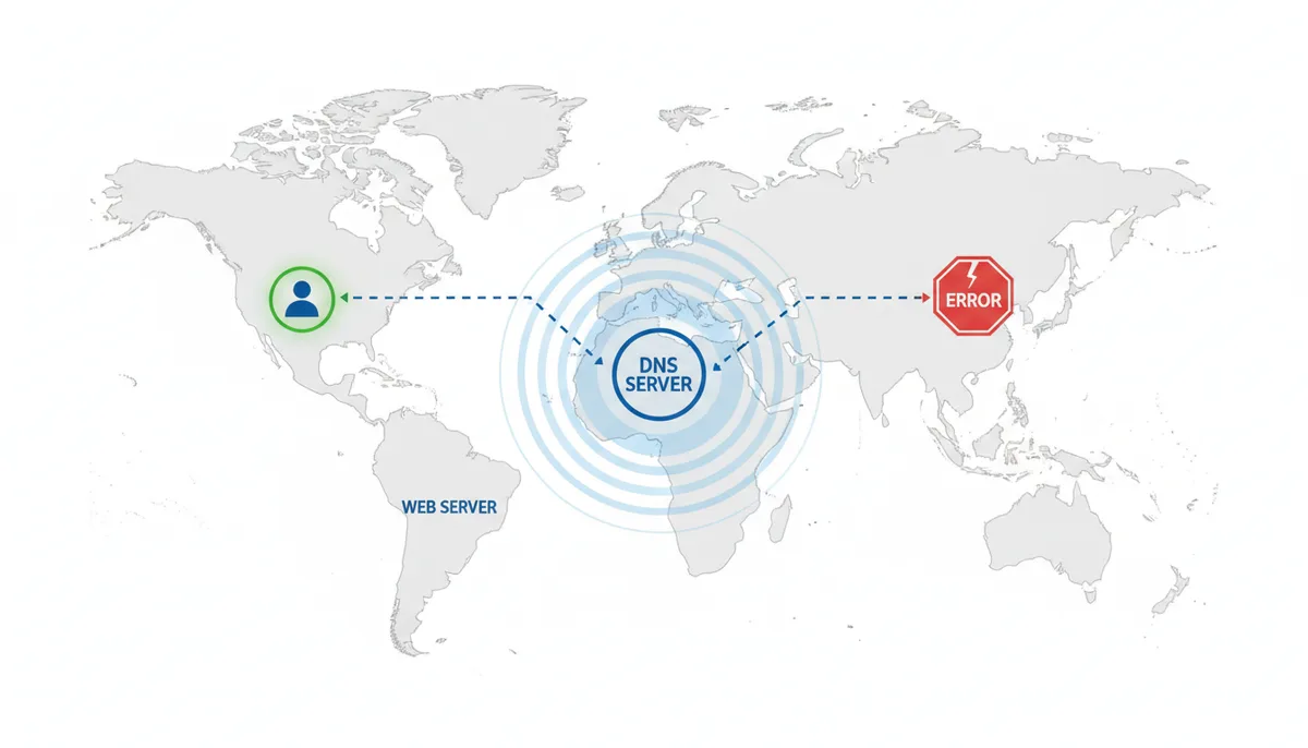 A world map illustrating DNS propagation. A user in North America successfully connects to a server, while a user in Europe attempts to connect to a server but reaches a dead end, indicating that DNS changes have not yet propagated to their region.