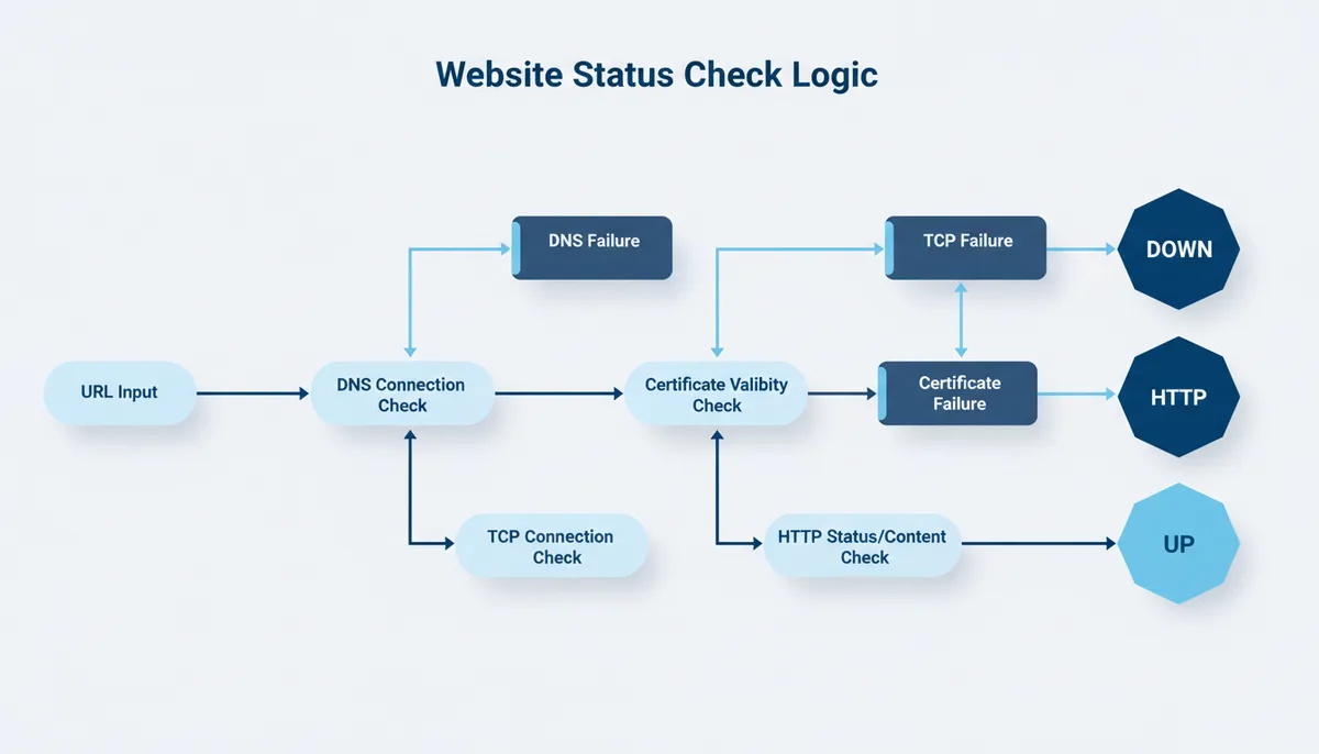 A flowchart showing the decision process of a website checker. It starts with URL Input, then proceeds through DNS Check, TCP Connection Check, Certificate Validity Check, and HTTP Status Code/Content Check. Each step has a success path to the next check and a failure path leading to a 'DOWN' verdict. A final success path leads to an 'UP' verdict.