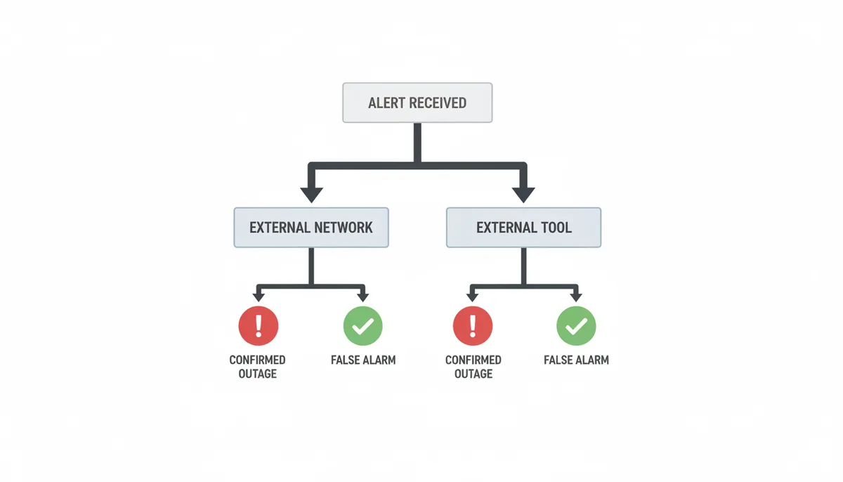 A decision tree diagram showing the steps to verify a downtime alert. It begins with 'Alert Received', then branches to 'Check External Network' and 'Check External Tool', leading to either 'Confirmed Outage' or 'False Alarm / Local Issue'.