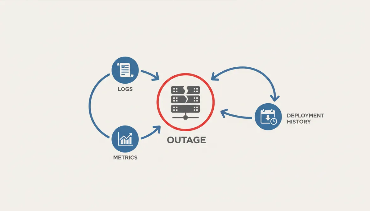 A diagram showing an 'Outage' icon at the center, with three arrows pointing towards it. The arrows originate from three distinct icons labeled 'Logs', 'Metrics', and 'Deployment History', representing diagnostic information sources.