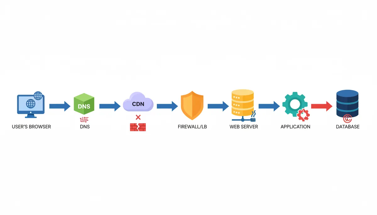 A flowchart showing the path of a web request: Browser -> DNS -> CDN -> Firewall/Load Balancer -> Web Server -> Application -> Database, and then back. Each step is labeled as a potential failure point with a small 'X' icon.