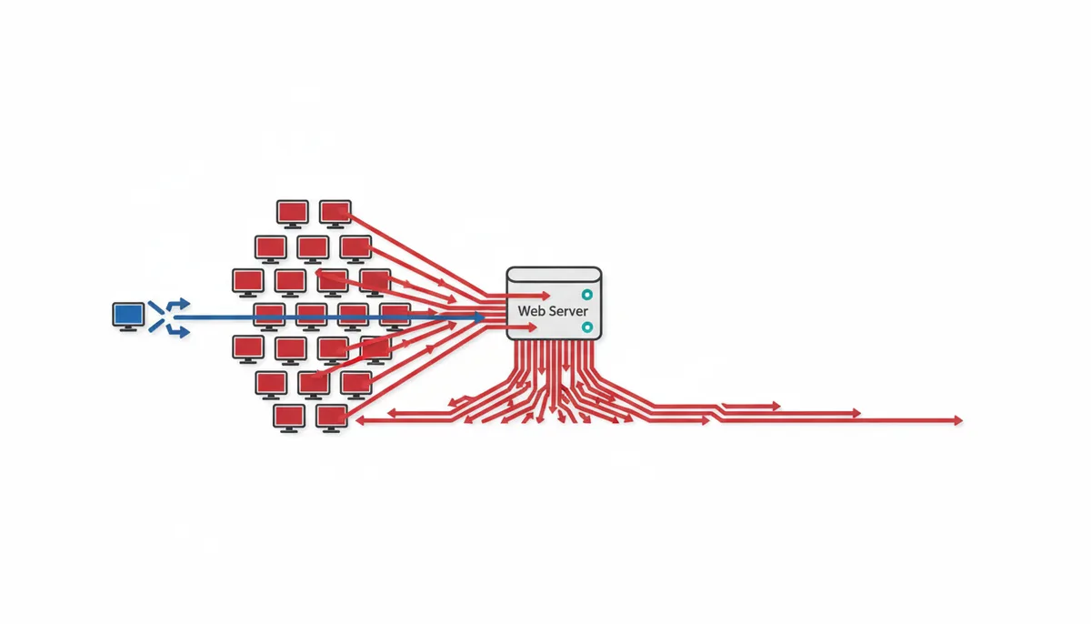 A diagram showing many small computer icons on the left, representing bots, sending a large volume of red arrows towards a central web server icon. A single, legitimate user icon attempts to send a blue arrow to the server, but it is blocked by the overwhelming red traffic, illustrating a DDoS attack.